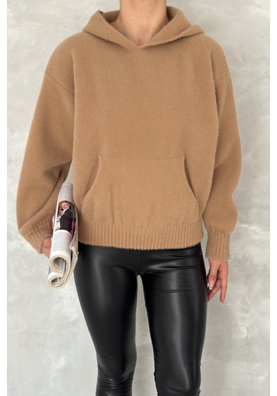 Femelle Kadın Kahverengi Standart Beden Kapüşonlu Peluş Triko Sweatshirt