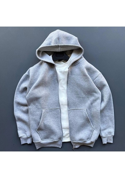 Erkek 3 İplik Şardonlu Tam Fermuarlı Kapüşonlu Arka Çanta Detaylı Sweatshirt - Gri
