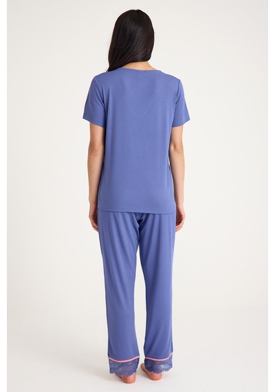 Amarelle Dream Mavi/pembe V Yaka Dantel Detaylı 4 Parça Pijama Takım Set Mavi/pembe