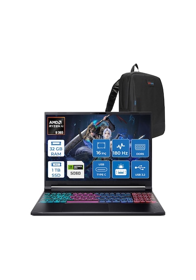 Acer Nitro 16S AI AN16S-61-R5E5 NH.QXUEY.001F08 Ryzen AI 9 365 32 GB 1 TB SSD RTX5060 16" Free Dos Dizüstü Bilgisayar + Çanta