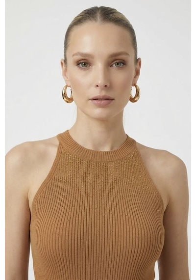 Neden Tekstil Kadın Taşlı Fitilli Halter Yaka Crop Bluz - Camel