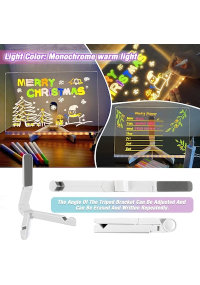 Abatech Renkli Led Not Tahtası, Mesaj Panosu, Akrilik Aydınlatmalı, Silinebilir Beyaz Tahta, Gece Lambalı Şeffaf, 7 Neon Kalem 30 X 20