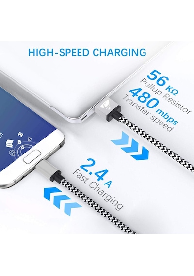 Lexroo Usb Type-c Hızlı Şarj Kablosu, 1 Metre, 2.1a, Naylon Örgülü Kopmaz Veri Kablosu, Samsung Uyumlu Standart