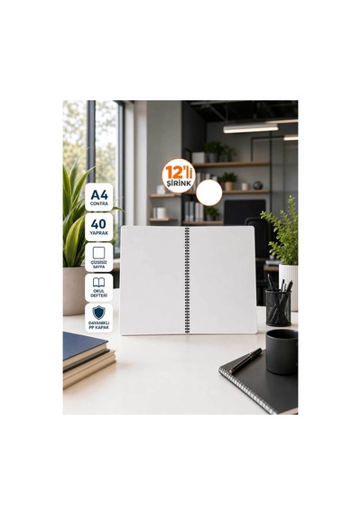 Pp Kapak Spiralli 40 Yaprak A4 Çizgisiz 12 Adet Defter Çok Renkli