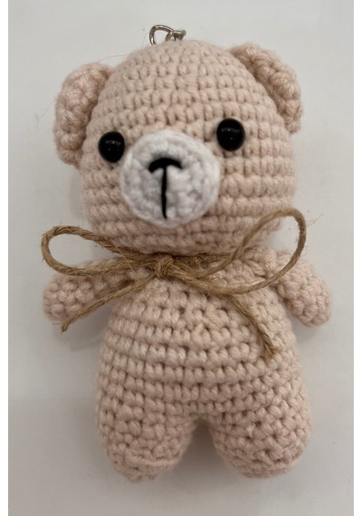 El Yapımı Amigurumi Ayıcık Anahtarlık - Örgü Figür, Jüt Fiyonklu 9-10 Cm Kirli Beyaz Kirli Beyaz