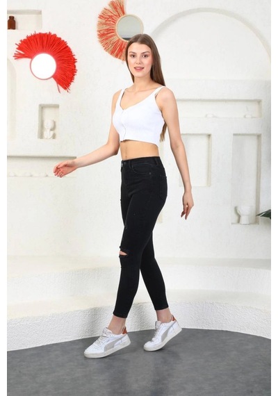 Füme Diz Yırtık Yüksek Bel Pantolon Skinny Jeans Füme