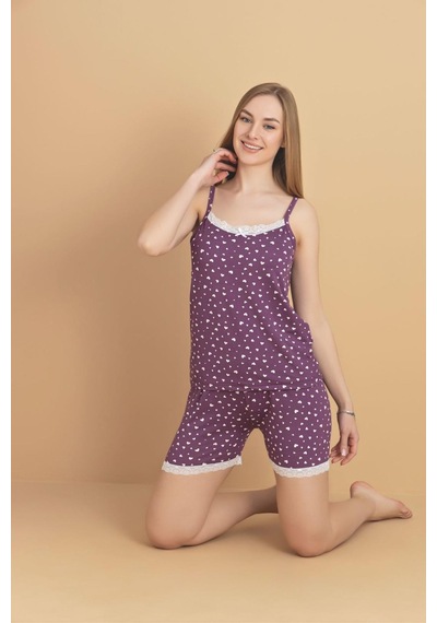 Pijamerry Kadın İp Askılı Milan Kumaş Likralı Şortlu Pijama Takımı 5963 - 1 Adet Mor