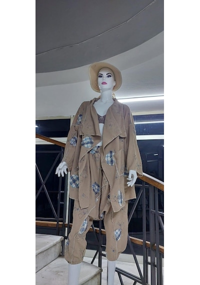 Boho Şalvar Pantolon Asimetrik Ceket Takım Vizon