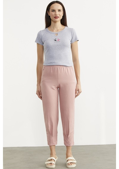 Paça Büzgü Detaylı Krep Pantolon - Pembe 001