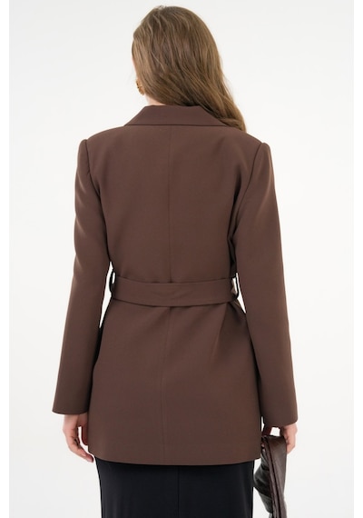 Sââde Kadın Tek Düğmeli Dokuma Kruvaze Blazer Ceket - Kuşaklı Acı Kahverengi