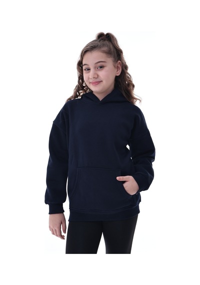 Unisex Çocuk Kapüşonlu Sweatshirt 5-14 Yaş Rahat Günlük Spor Oversize Lacivert