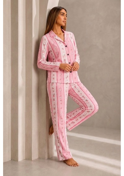 Kadın Önden Düğmeli Uzun Kollu Alt Üst Pembe Pijama Takımı