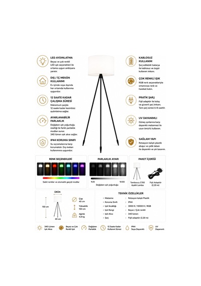 Tamboury Kablosuz Rgb Led Lambader Beyaz