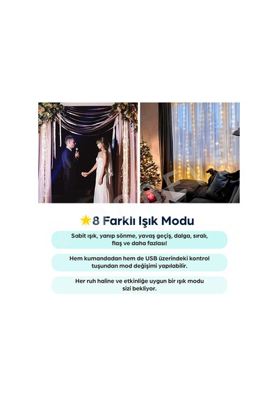 Robeve 3x3 Metre Peri Led Kumandalı Perde Asma Kancalı Peri Led Yılbaşı Led Gün Işığı Led Işık 8 Modlu Parti Işığı Dekoratif Işık Led Saçak Led Işık Perde Led Yılbaşı Dekorasyon