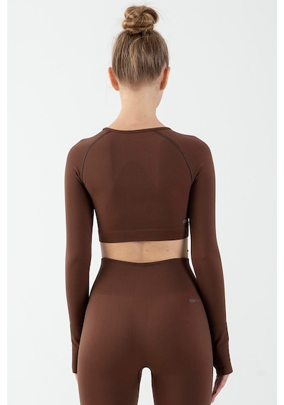 Maraton Active Slimfit Kadın Bisiklet Yaka Uzun Kol Training Sepya Crop Top 816005 Kahverengi