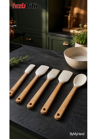 Bymyhand Ahşap Saplı Slikon Uçlu Slikon Mutfak Ve Pasta Yapım Hazırlık 5'li Set