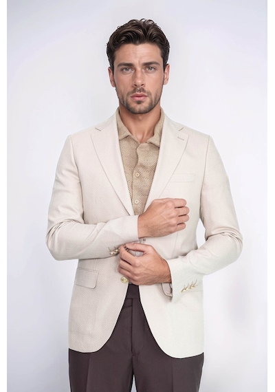 Bej Balıksırtı Desenli Gold Renk Metal Düğmeli Slim Fit Erkek Blazer Ceket - Wessi Cream