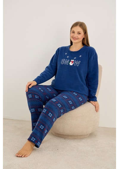 Siyah İnci Temalı Nakışlı Büyük Beden Polar Kışlık Örme Pijama Takım Lacivert