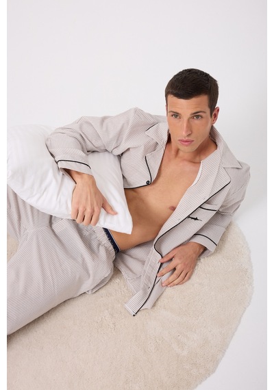 L'espadon Marısılk Premium Dokuma Uzun Kollu Uzun Paçalı Erkek Pijama Takımı-3217 Bej
