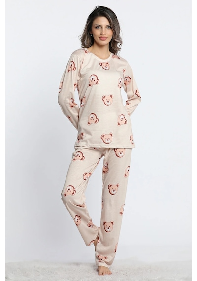 Lukitus Kadın Bisiklet Yaka Uzun Kol Ayıcıklı Pijama Takımı  Lukitus Bej