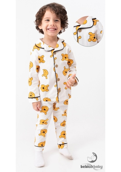 %100 Pamuk Yumuşak Doku Ayıcık Baskılı Mevsimlik Bebek Ve Çocuk Pijama Takımı 4bb2 Beyaz