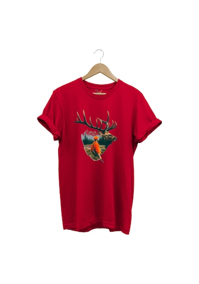 Doğa Avcılık Geyik Ve Avcı Tema Baskılı %100 Pamuk Kırmızı T-shirt Kırmızı