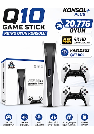 Q10 Game Stick Retro Oyun Konsolu 20776 Oyunlu 4k Hd 2.4g Kablosuz Çift Kol 128 Gb