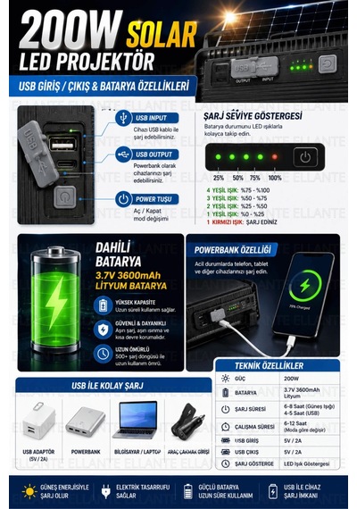 200w Solar Led Projektör Usb Şarjlı Powerbank Özellikli Güneş Enerjili Taşınabilir Kamp Bahçe Garaj