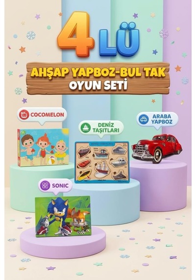 Eğitici Öğterici Ve Eğlenceli 4'lü Frame Yapboz Hikayeli Yapboz Ve Bul-tak Beceri Oyunu Takımı Seti Renkli