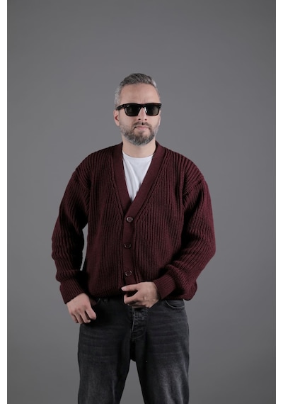 Dokulu Oversize Erkek Kalın Hırka Bordo