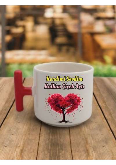 Kendimi Sevdim Kalbim Çiçek Açtı Kahve Bardağı Kupa Bardak - Seramik Çay, Kahve Hediyelik Bardağı Beyaz