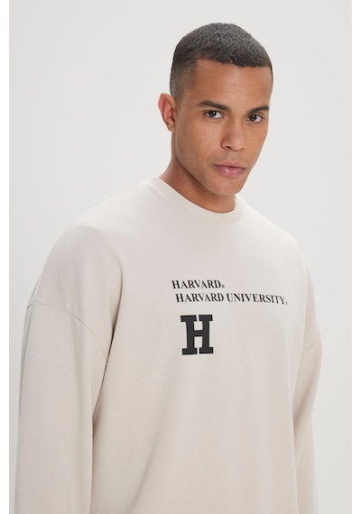 Ac&co / Altınyıldız Classics Erkek Açık Bej Oversize Fit Bol Kesim Harvard Lisanslı Pamuklu Bisiklet Yaka Sweatshirt Açık Bej