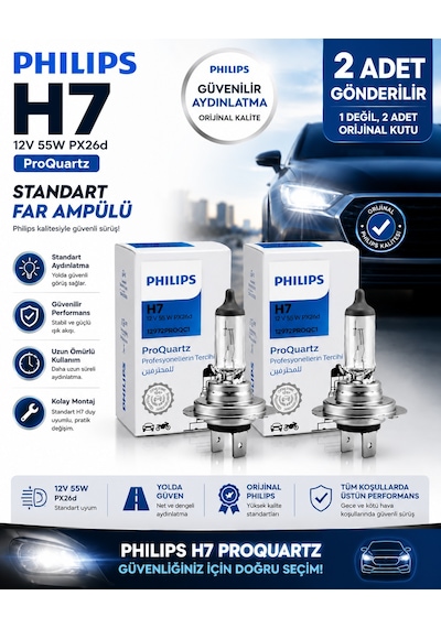 H7 Proquartz Far Ampulü 12v 55w Px26d  Standart Halojen Far Ampulü 2 Adet 2 Ayrı Kutu