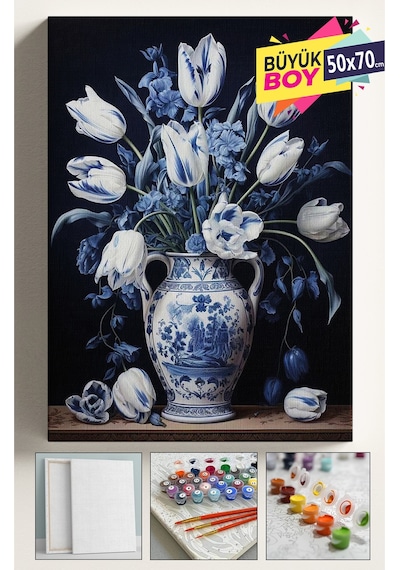 Sayılarla Boyama Seti Numaralı Tuval Fırça Boya Dahil Kasnaklı Set 50x70 Cm - Mavi Vazo