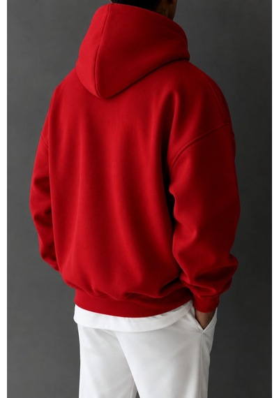 Tarz Cool Regular Kapüşonlu Sweatshirt Erkek Unisex 3 İplik Şardonlu %100 Pamuk Basic Hoodie Kırmızı