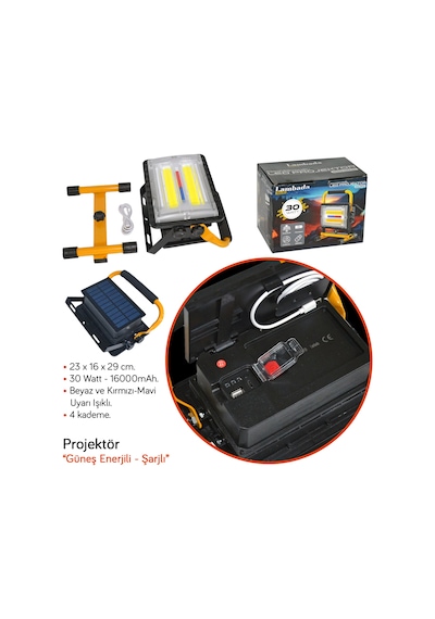 Lambada Projektör Güneş Enerjili Şarjlı Cob Ledli 30w Usb Li Kırmızı-mavi 23x16x29 Cm Br4500203