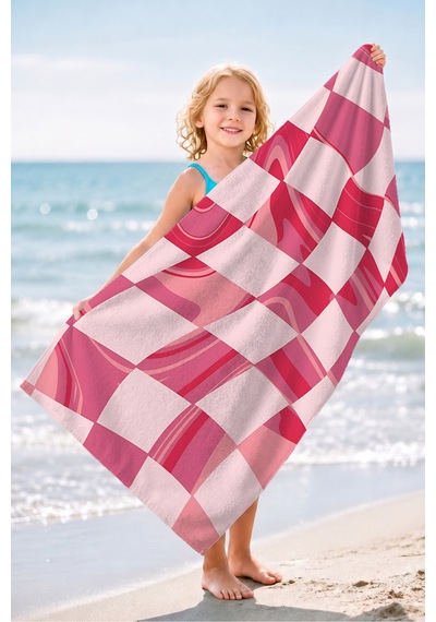 Pembe Damalı Mermer Desenli Plaj Havlusu - Modern Soyut Resort Stil Hızlı Kuruyan Mikrofiber Havlu Puslu İncir