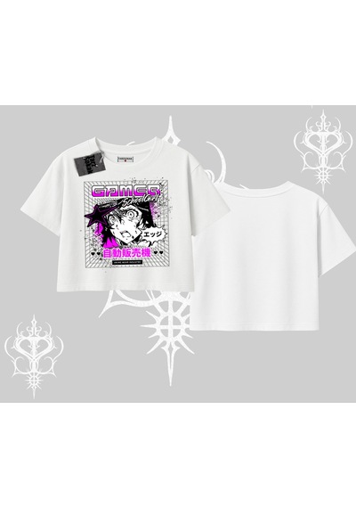 Tarzsokak Oversize Crop Tshirt Games Schoolgirl Anime Baskılı Beyaz