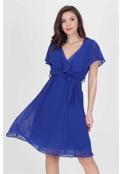 Neşeli Butik Kadın Midi Boy Yeni Sezon Kruvaze Yaka Melek Kol Şifon Elbise Ry8081 Saks