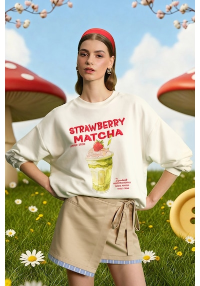 Quzu Baskı Detaylı Sweatshirt Ekru Ekru