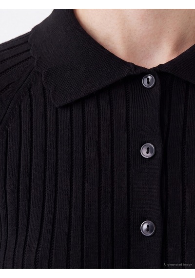 Lcw Modest Siyah Polo Ajurlu Kadın Triko Hırka