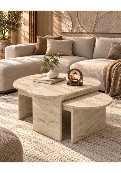 Odera Setro Ekru Traverten Desenli Oval Orta Sehpa 2'li Set İskandinav Retro Salon Sehpası Diğer Odera Setro Ekru Traverten Desenli Oval Orta Sehpa 2'li Set İskandinav Retro Salon Sehpası Diğer