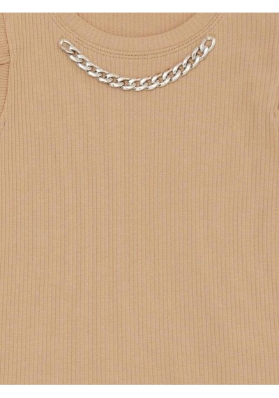 Breeze Kız Çocuk Kolları Fırfırlı Zincirli Kaşkorse T-shirt-14036 Bej