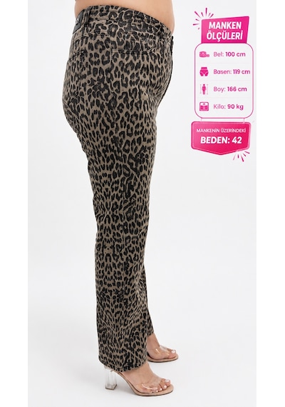 Zanessi Fashıon Büyük Beden Leopar Desenli Denim Kadın Pantolon