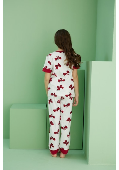 Siyah İnci Pamuklu Bisiklet Yaka Örme Pijama Takım25117067 Ekru