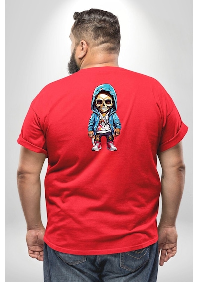 Angemiel Hiphop Kurukafa Hoodie Büyük Beden Kırmızı Tişört Kadın Erkek Ünisex Sırt Baskılı Kırmızı