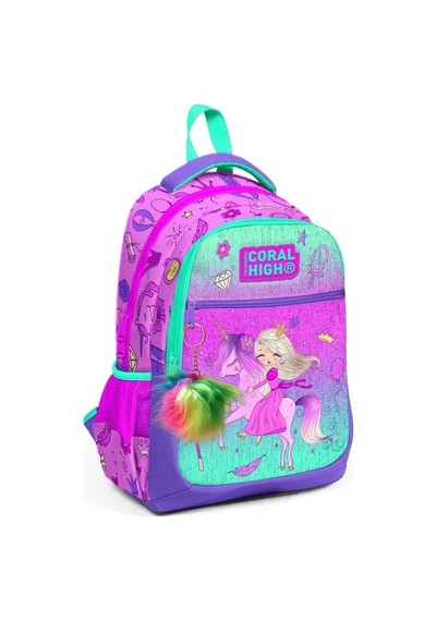 Coral High Kids Açık Pembe Mor Unicornlu Prenses Desenli Üç Bölmeli Okul Sırt Çantası 23481