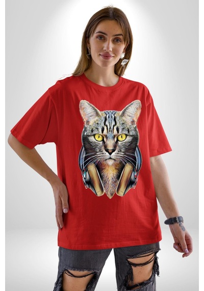 Kulaklık Kedi Pamuklu Bisiklet Yaka Unisex Oversize Boyfriend Dijital Baskılı Kırmızı T-shirt Kırmızı