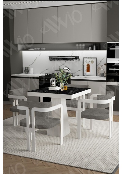 Avvio Bianco Lake Mdf Ayak Tokyo Demonte Sandalye 80x80 Yemek Masası Mutfak Masası 4 Kişilik Siyah Mermer