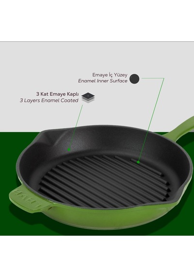 Döküm Yuvarlak Izgara Tava Döküm Demir Yekpare Saplı Çap Ø 28cm. Yeşil Diğer